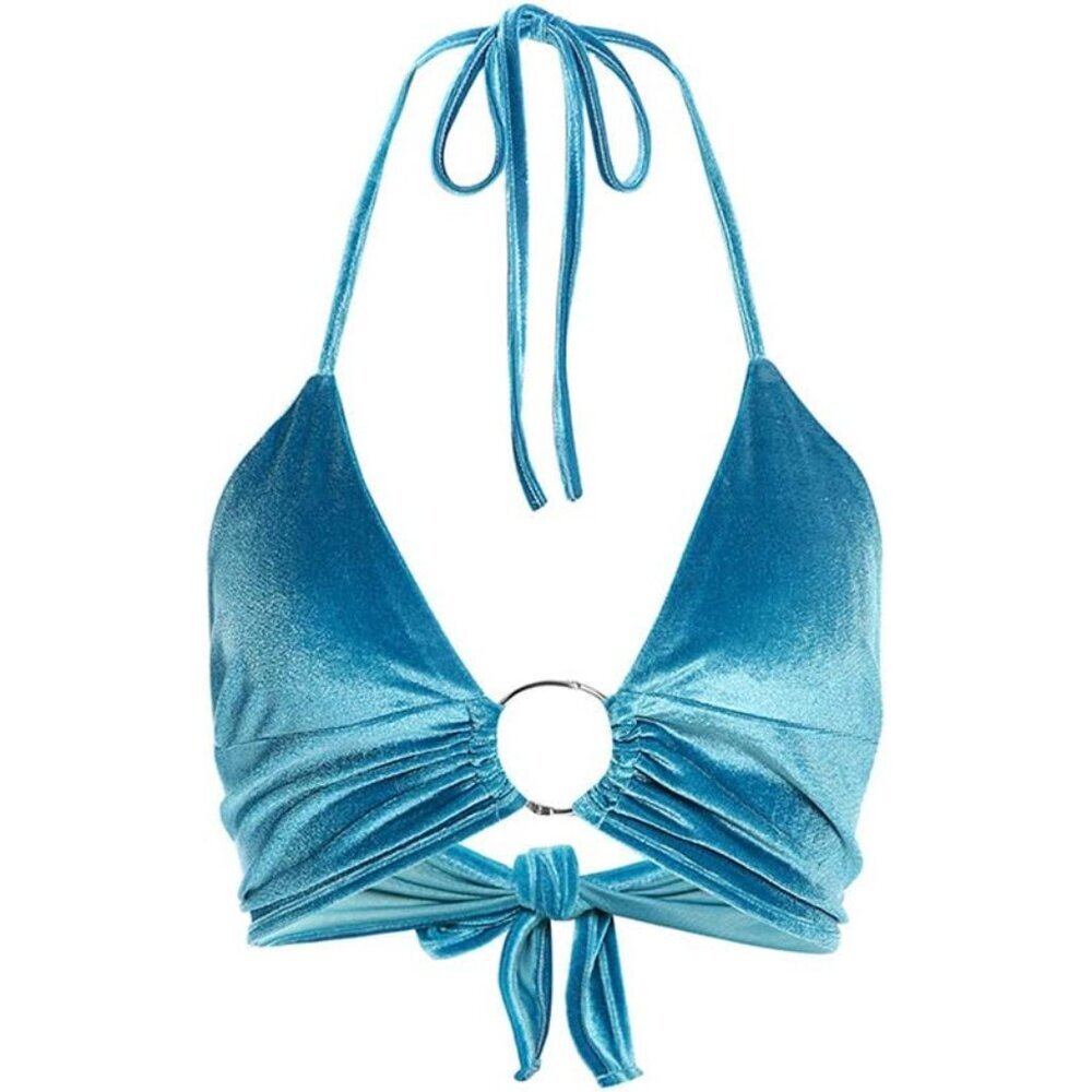 Women Backless Camisole Halter Streetwear Patchwork Small Blue